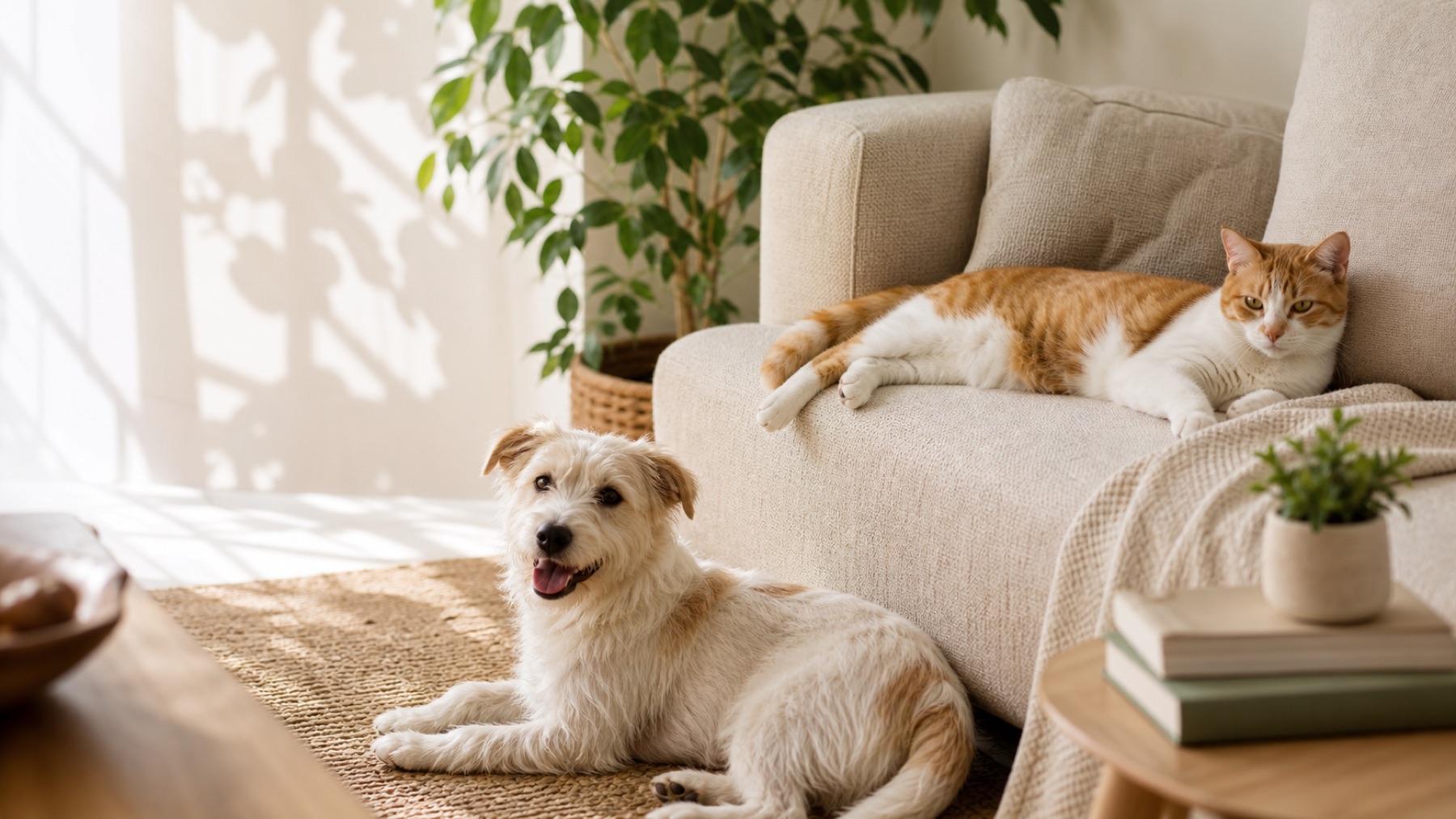 阳光下在家中休息的猫咪和狗狗